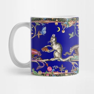 WEIRD MEDIEVAL BESTIARY THREE HUNTER CATS AND MOUSE IN BLUE NIGHT Mug